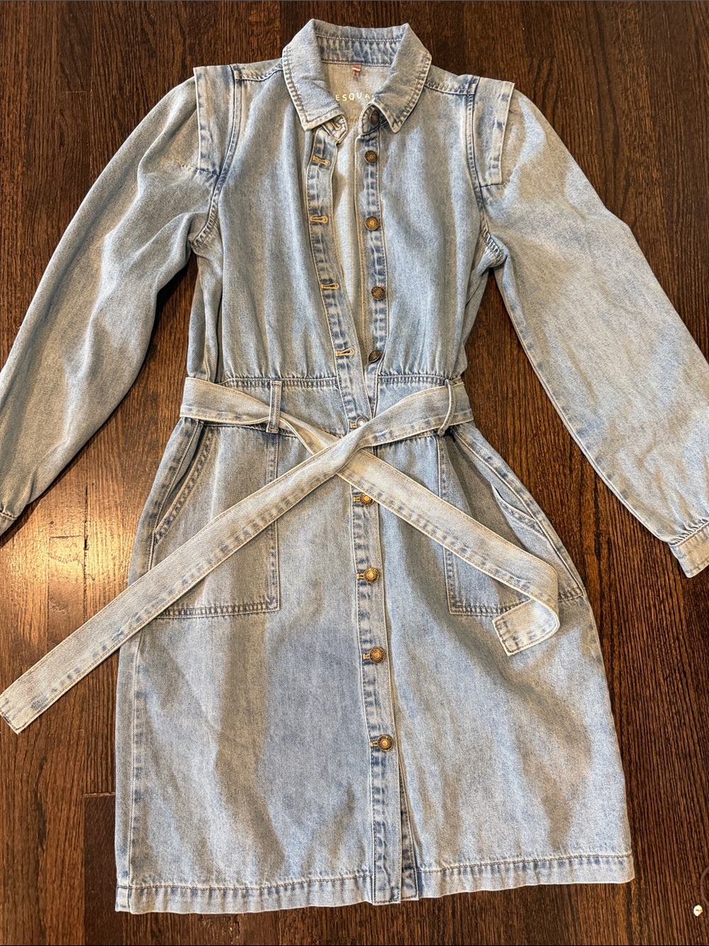ESQUALO Light Blue Denim Button-Front Dress Jacket with Waist Tie